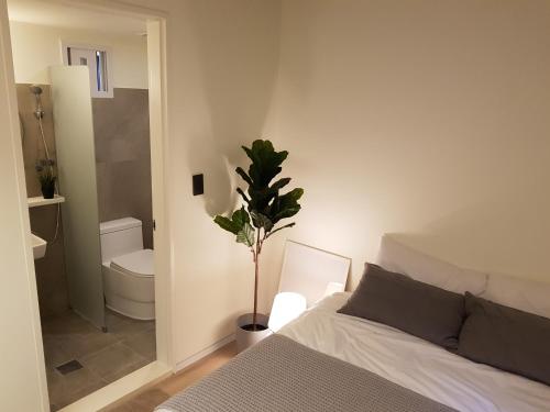a bedroom with a bed and a bathroom with a toilet at DW STAY HONGDAE in Seoul