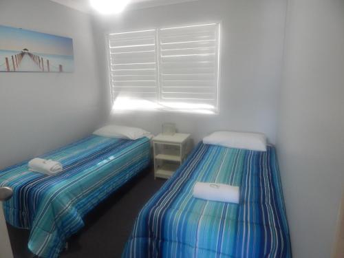 two bunk beds in a room with a window at Tranquil Shores in Caloundra