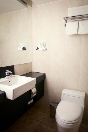 a bathroom with a sink and a toilet and a mirror at Hotel Lumia Myeongdong in Seoul