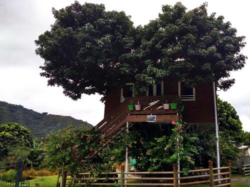 a tree house in the middle of a field at ti kaz perchée in LʼEntre-Deux