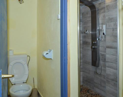 a bathroom with a toilet and a glass shower at Malom Apartman 2 in Derekegyház