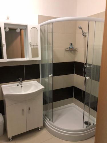 y baño con ducha y lavamanos. en Juniperus Apartman, en Tiszaújváros