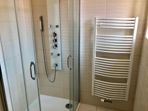 eine Dusche mit Glastür im Bad in der Unterkunft Apartmán Pisek centrum in Písek