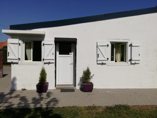 une maison blanche avec deux plantes en pot devant elle dans l'établissement Studio avec un jardin privatif sans vis-à-vis, à Berck-sur-Mer