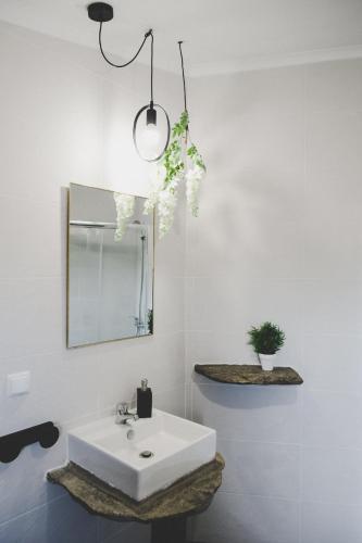 a bathroom with a white sink and a mirror at Casas da Faia - Nature Guest House in Arronches