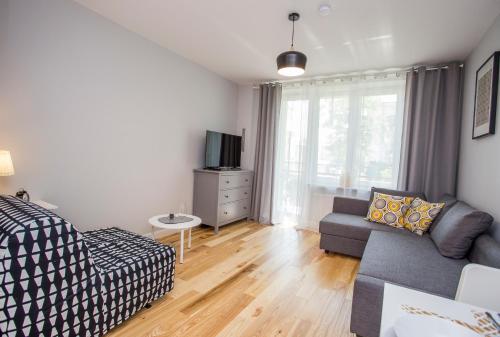 CR Uroczy Apartament w Centrum Nowy Świat 18 في بياويستوك: غرفة معيشة مع أريكة وتلفزيون