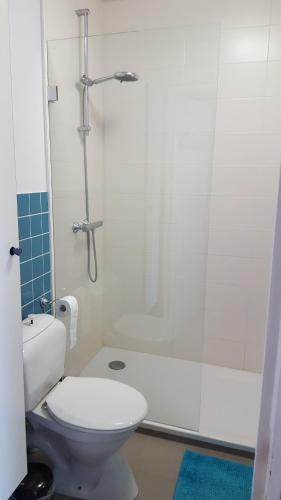 een badkamer met een wit toilet en een douche bij Studio Raversijde with Sea View in Oostende