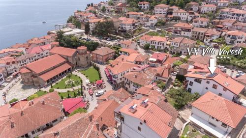 an aerial view of a town with red roofs at Villa Varosh in Ohrid