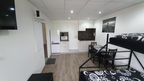 a dorm room with a bunk bed and a kitchen at Small Apartments Denisa Business in Brno
