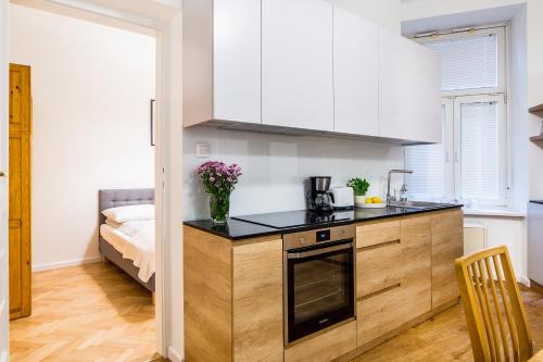 a kitchen with a sink and a counter top at Apartament Na Groblach in Krakow