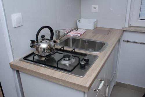a kitchen counter with a sink and a tea pot on a stove at Pod Jabłonią in Szczawnica