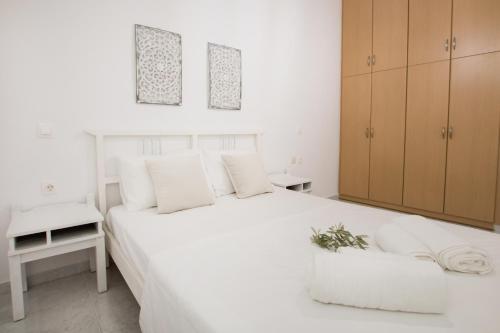 1 dormitorio blanco con 1 cama blanca y armario en AMALTHIA VILLA, en Karpathos