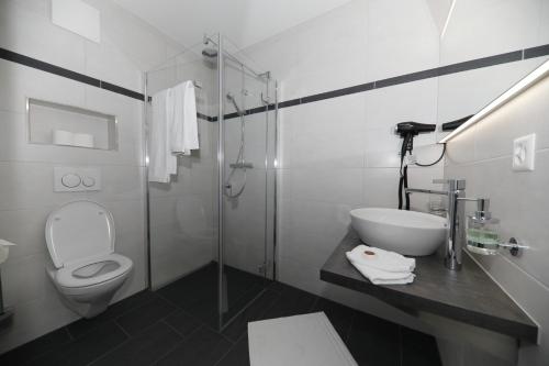 a white bathroom with a toilet and a shower at Business Apartments Reichenburg in Reichenburg