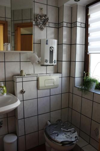 y baño alicatado con aseo y lavamanos. en Fewo Sonnen Gruss en Krummhörn