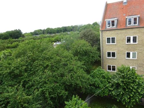 un bâtiment sur une colline avec des arbres devant elle dans l'établissement Cosy room in sydhavn, à Copenhague