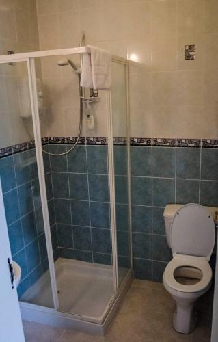 un baño con ducha y WC en Lissadell Holiday Apartment, en Buncrana