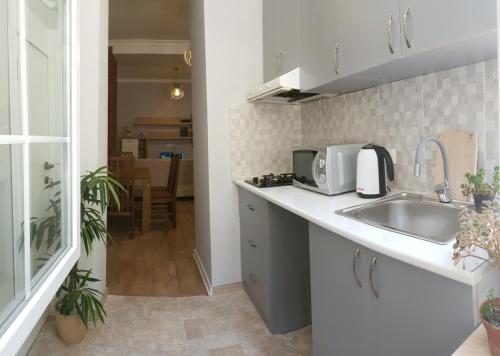 una cocina con fregadero y microondas en Mtatsminda, en Tiflis