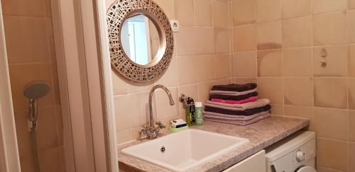 a bathroom with a sink and a mirror at The OldMillhouse in Mojstrana