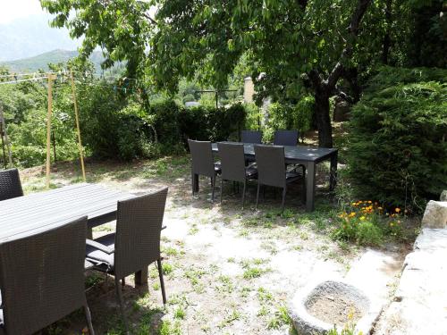 a black table and chairs sitting under a tree at Casa Franceschi in Pioggiola