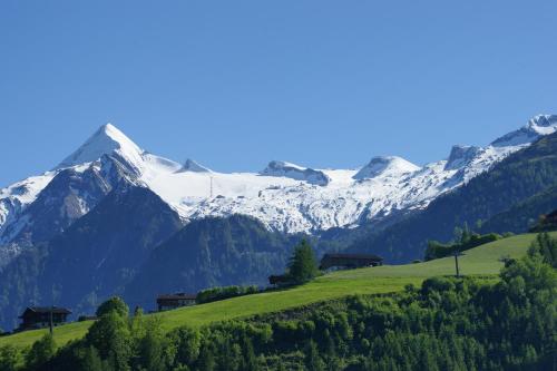 a green hill with snow capped mountains in the background at Sportpension Thayer in Piesendorf