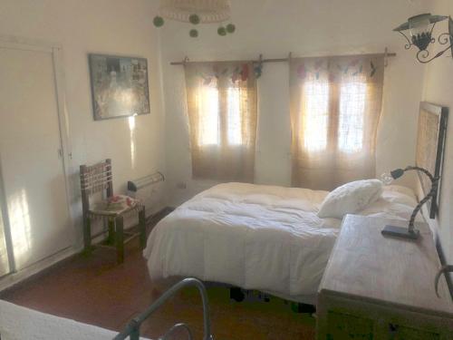 a bedroom with a bed and two windows at Casa divina temporaria en Tafí Del Valle ,pleno centro in Tafí del Valle
