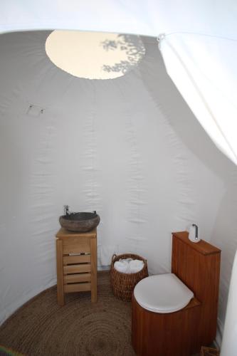 uma casa de banho com um lavatório e um WC em Les Esplanes em La Garde-Adhémar