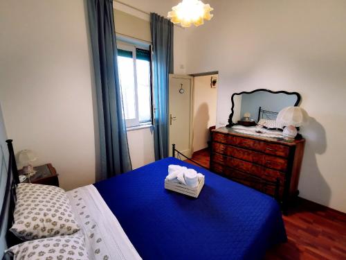 a bedroom with a blue bed and a mirror at Little Home in Catania