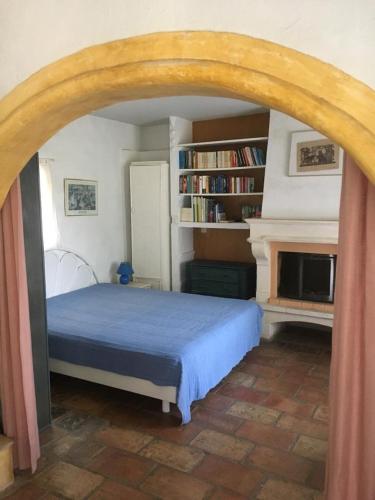 une chambre avec un lit et une cheminée dans l'établissement Les Amandiers - 5 km de la plage, à Sainte-Maxime