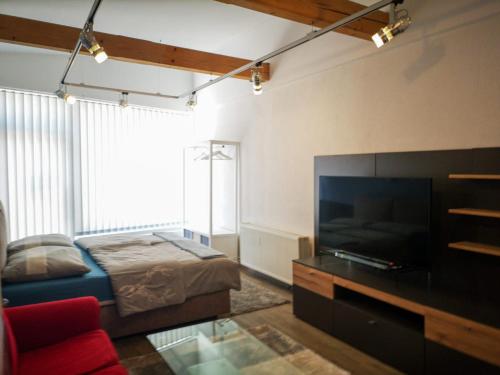 ein Wohnzimmer mit einem Bett und einem TV in der Unterkunft Millenium Inn Ferienwohnung Top 2 in Mürzzuschlag
