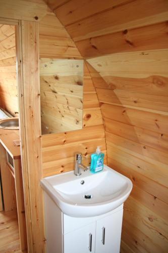 a bathroom with a sink in a log cabin at Glamping at Spire View Meadow in Lincoln