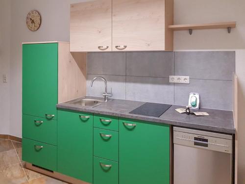 a kitchen with green cabinets and a sink at Millenium Inn Ferienwohnung in Mürzzuschlag