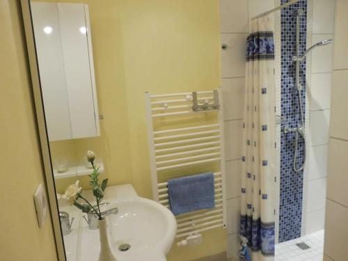 een kleine badkamer met een wastafel en een douche bij Ferienwohnung Graf Möwe in Ostseebad Karlshagen