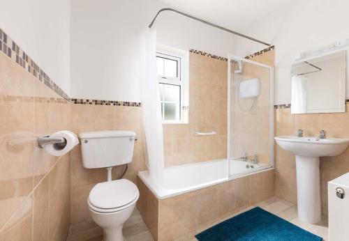 a bathroom with a toilet and a tub and a sink at An Searrach Dingle in Dingle