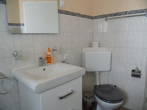 a bathroom with a white sink and a toilet at Hotel Restaurant Zum Valwiger Herrenberg in Valwig