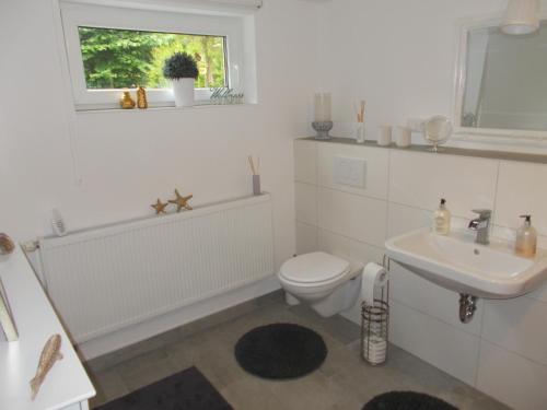 a white bathroom with a toilet and a sink at Schlei-Rose in Kappeln