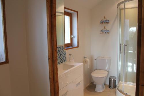 La salle de bains est pourvue de toilettes, d'un lavabo et d'une douche. dans l'établissement Marion's Cottage, à Le Mesnil-Villeman