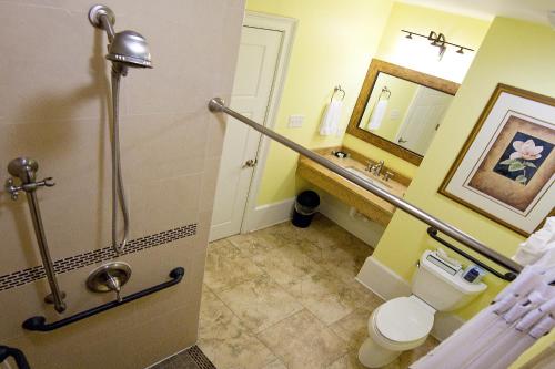 a bathroom with a shower and a toilet and a sink at DeSoto Beach Gardens in Tybee Island