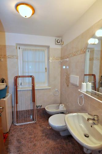 a bathroom with a sink and a toilet and a mirror at Casa Azzurra in Pozza di Fassa