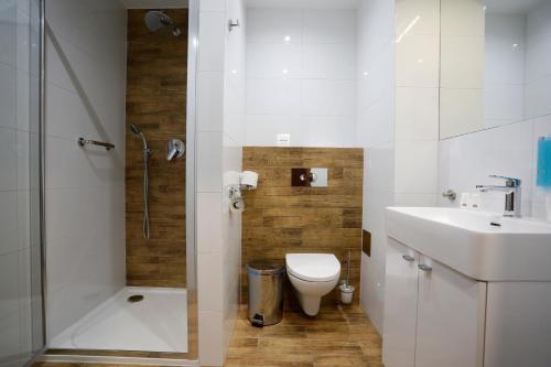 W łazience znajduje się toaleta, umywalka i prysznic. w obiekcie Stary Młyn w Świdnicy