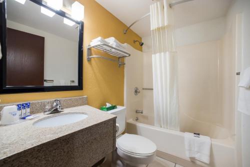 a bathroom with a sink and a toilet and a mirror at Ramada by Wyndham Effingham in Effingham