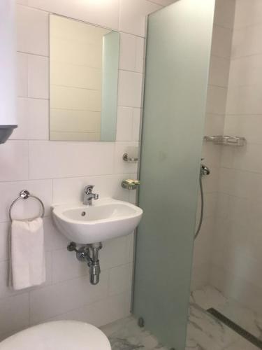 a bathroom with a sink and a toilet and a mirror at Villa Milev in Kranevo