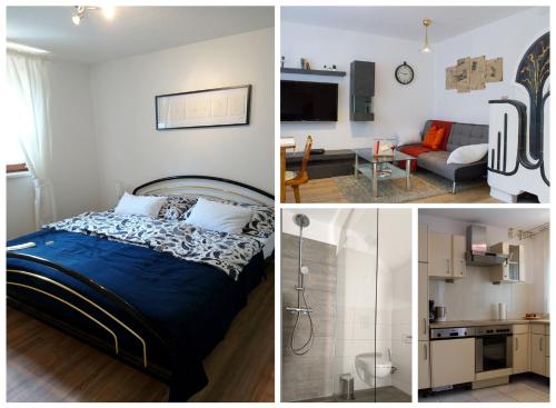 3 verschiedene Ausblicke auf ein Schlafzimmer und ein Wohnzimmer in der Unterkunft Riverside Apartment in Tarrenz