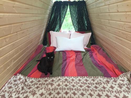 um gato preto sentado numa cama num quarto em Triangle Cabin em Laitila