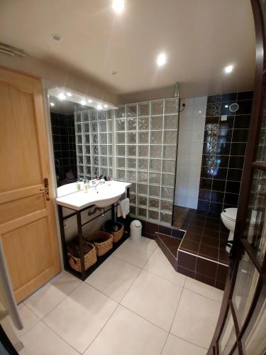 une salle de bain avec un lavabo et une douche dans l'établissement La quiétude de St Antoine - piscine privée, à LʼIsle-sur-la-Sorgue