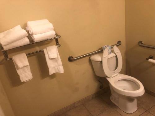 a bathroom with a toilet and towels at Cobblestone Inn & Suites - Eads in Eads