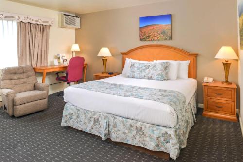 una camera d'albergo con letto, sedia e scrivania di Svendsgaard's Lodge- Americas Best Value Inn & Suites a Solvang
