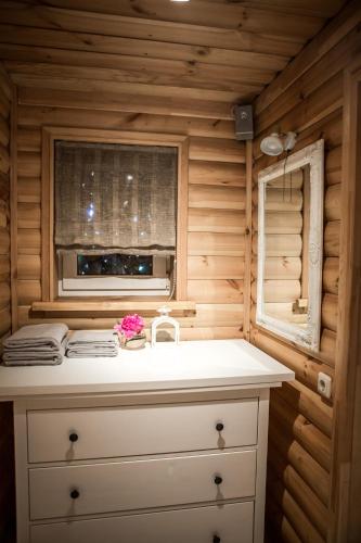 a bathroom with a sink in a log cabin at Flower apartment in Ventspils