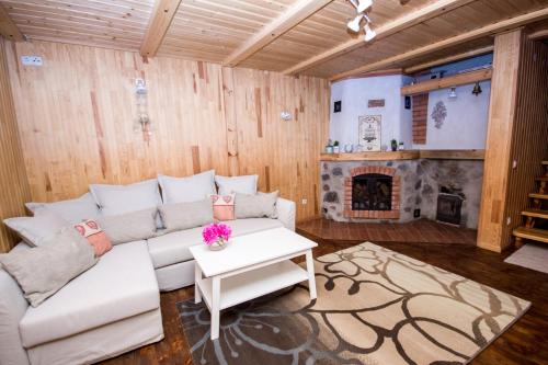 - un salon avec un canapé et une cheminée dans l'établissement Flower apartment, à Ventspils