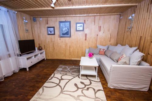 a living room with a couch and a tv at Flower apartment in Ventspils