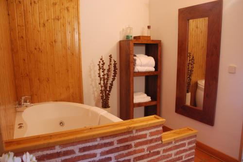 a bathroom with a bath tub and a mirror at Hospedería El Arco in Villavieja del Lozoya